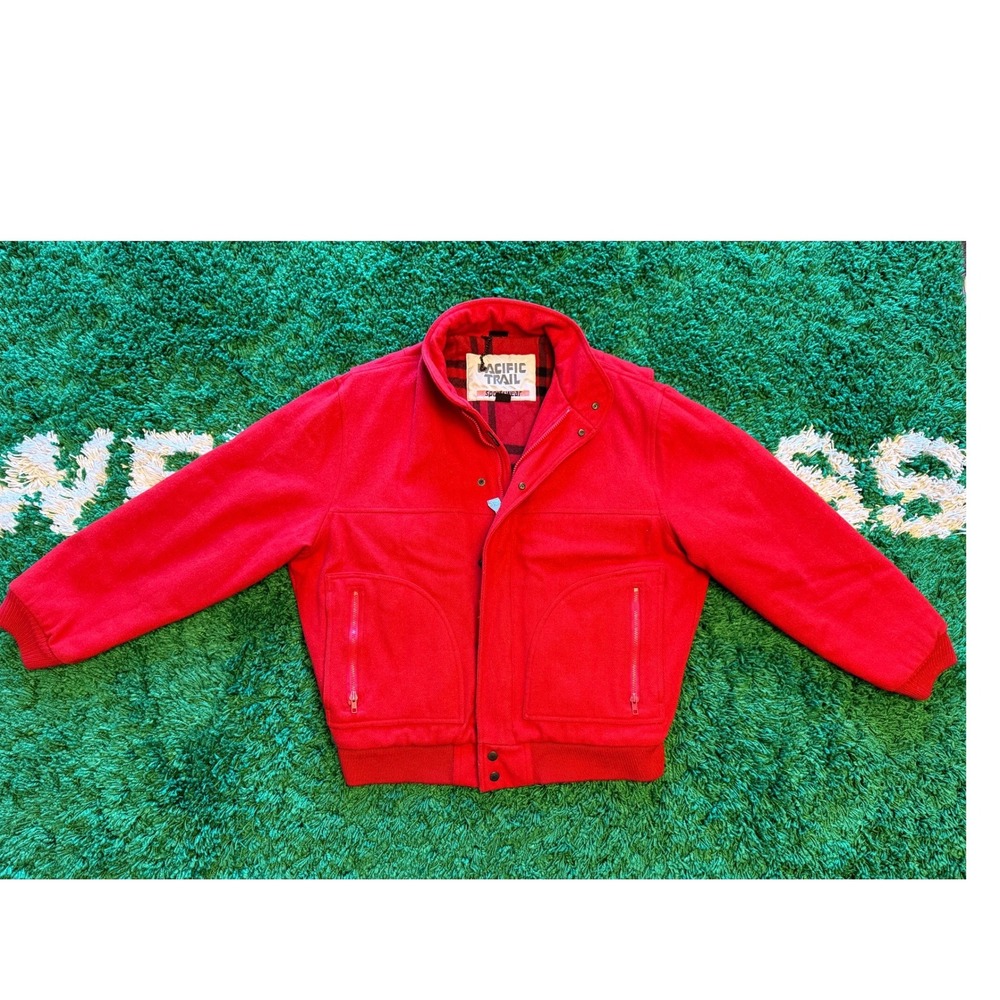 Pacific Trail Bomber Jacket Mens L Red Excellent Wool Blend Plaid Lined Vintage